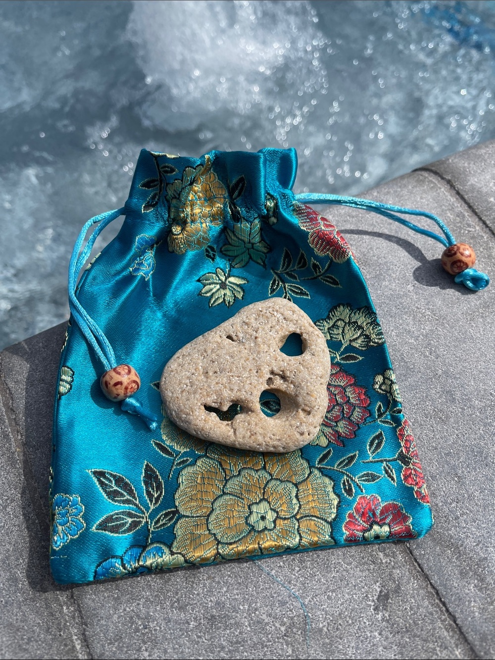 Turquoise Floral Satin Drawstring Bag with Large Hagstone